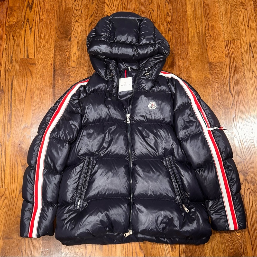 Moncler Kids Puffer Jacket in Navy with Red Accents